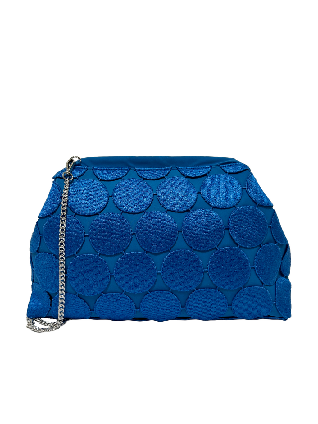 Borsa artigianale a spalla e tracolla in tessuto con fantasia geometrica e di colore blu. Modello Bibian di Nany Magenis