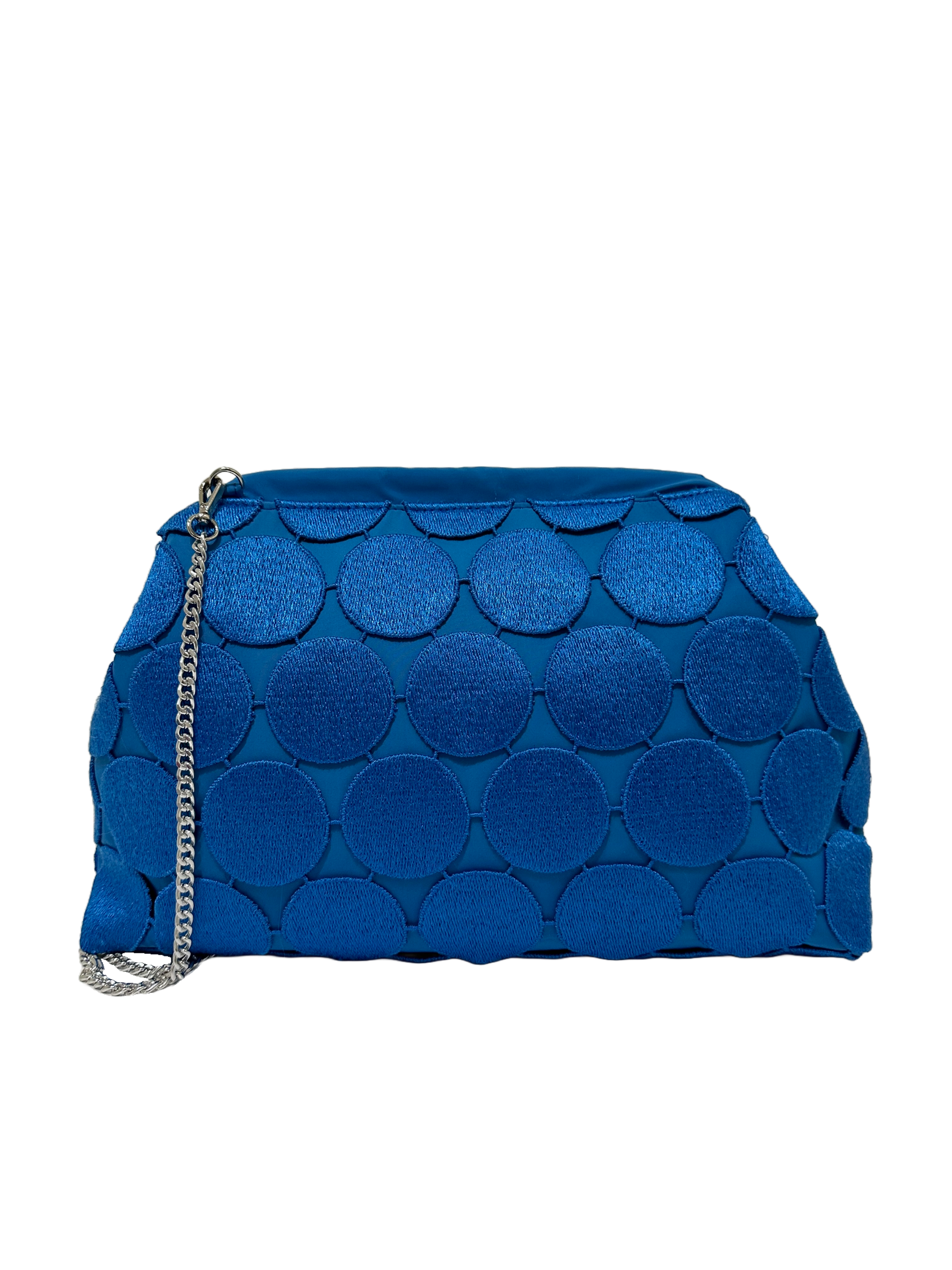 Borsa artigianale a spalla e tracolla in tessuto con fantasia geometrica e di colore blu. Modello Bibian di Nany Magenis