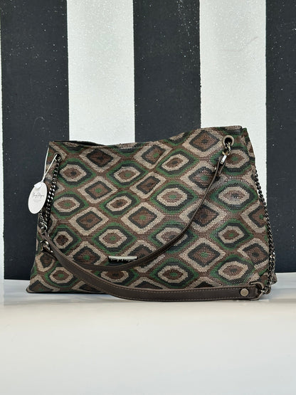 Borsa artigianale a spalla e tracolla in vera pelle con fantasia geometrica. Modello Ismi di Nany Magenis