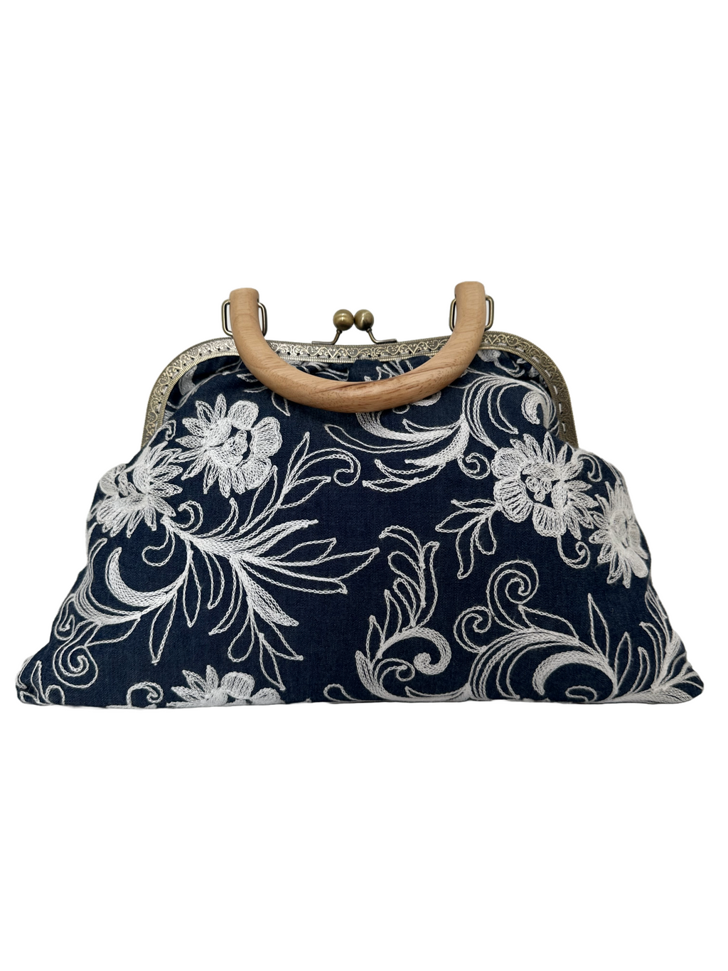 Borsa artigianale a tracolla ed a mano in tessuto jeans con fantasia floreale. Modello Retrò di Nany Magenis