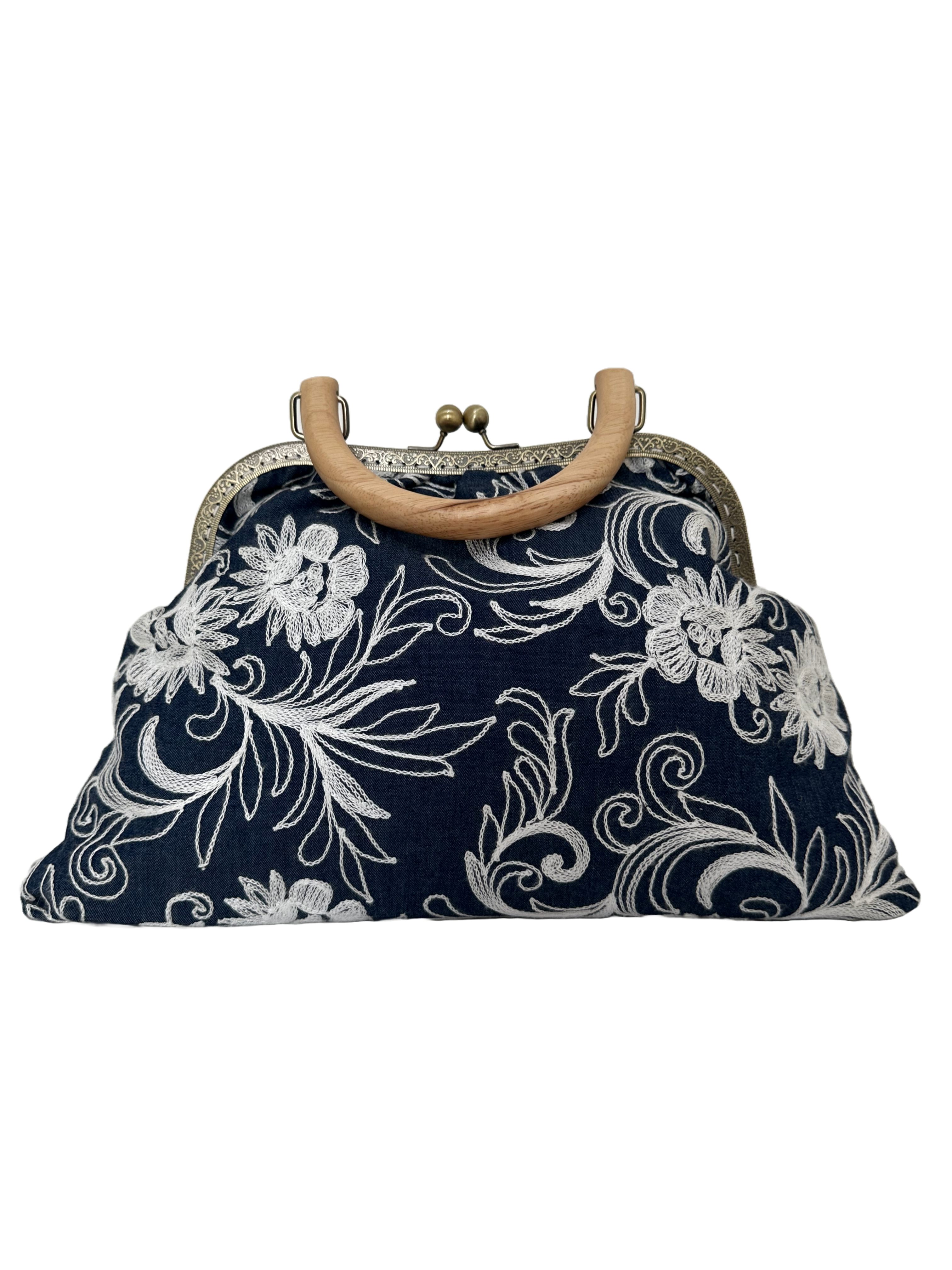 Borsa artigianale a tracolla ed a mano in tessuto jeans con fantasia floreale. Modello Retrò di Nany Magenis