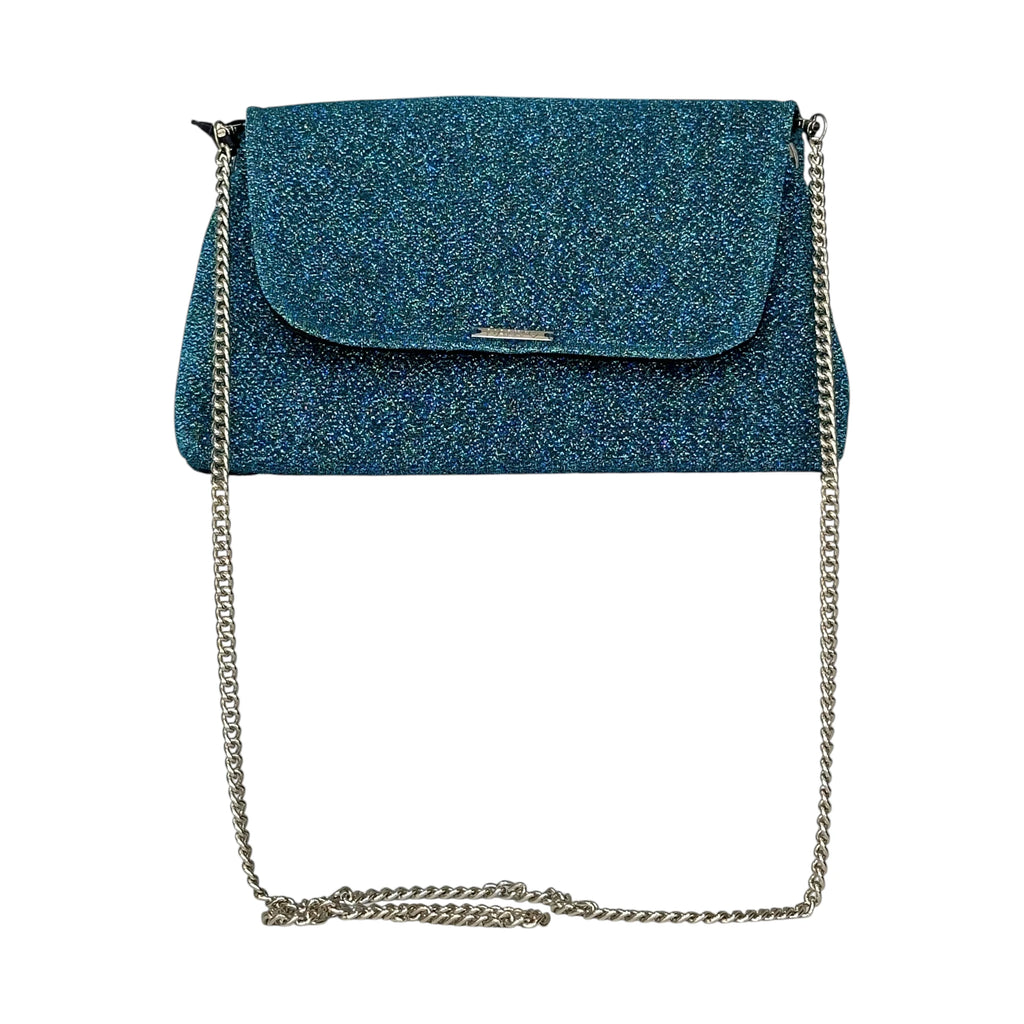 Borsa Artigianale Amada in tessuto glitter blu turchese a tracolla e a spalla di Nany Magenis