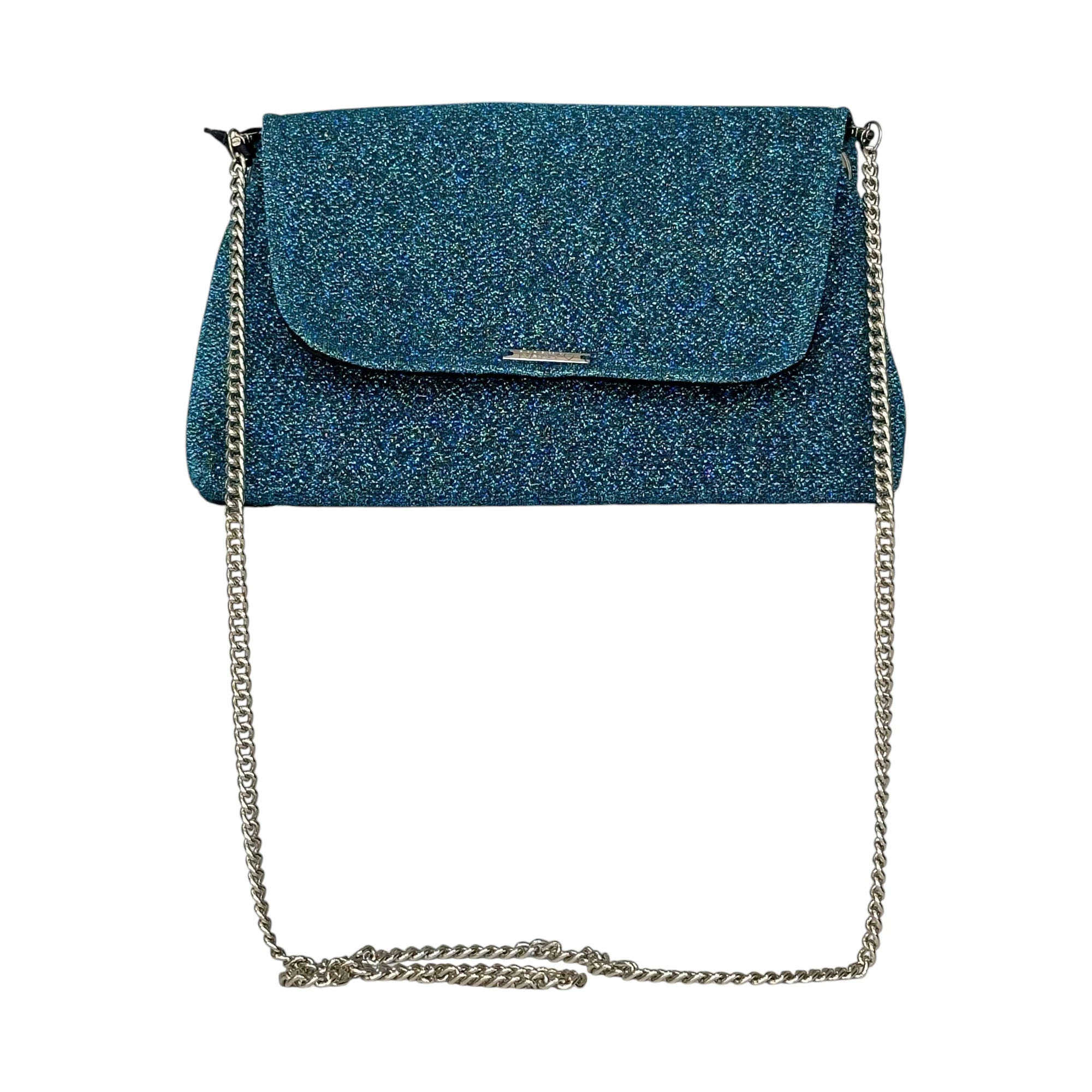Borsa Artigianale Amada in tessuto glitter blu turchese a tracolla e a spalla di Nany Magenis
