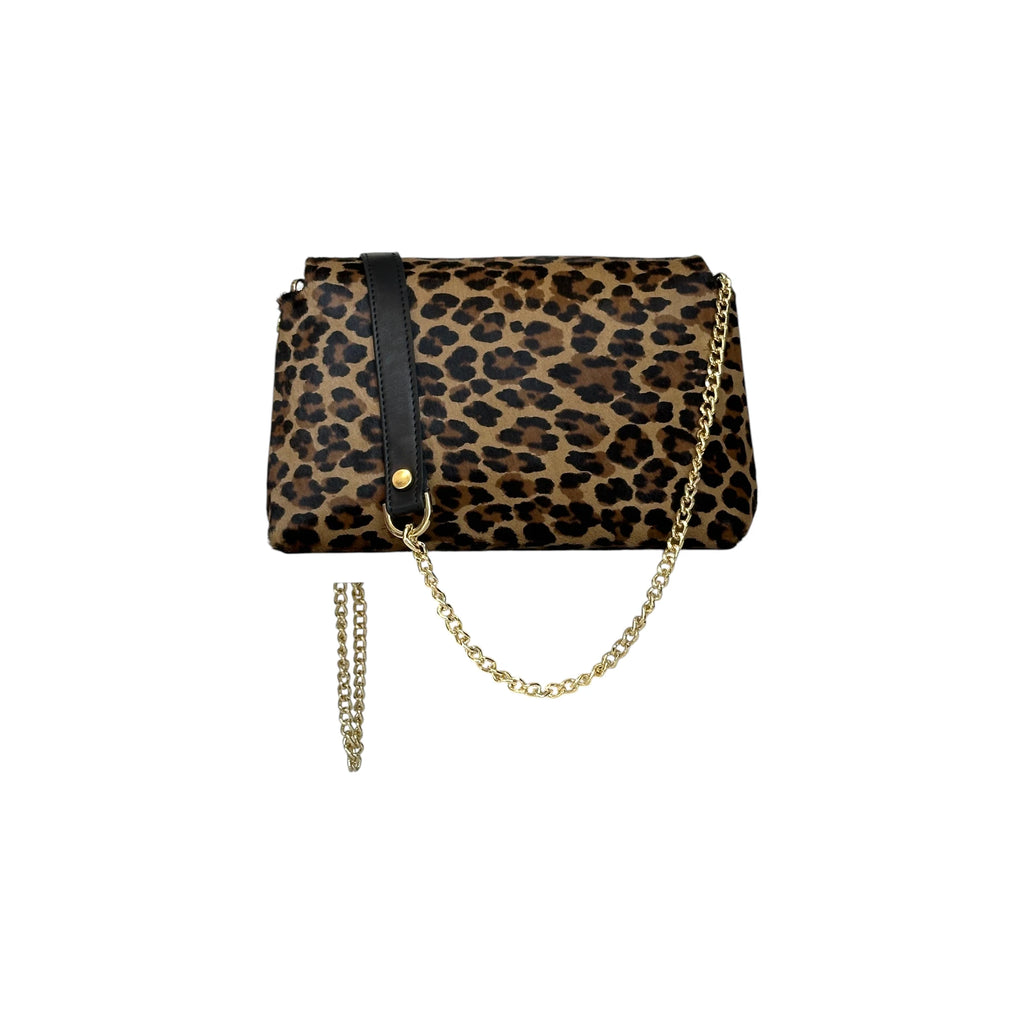 Borsa Artigianale Amada in tessuto animalier leopardato con catena regolabile di Nany Magenis