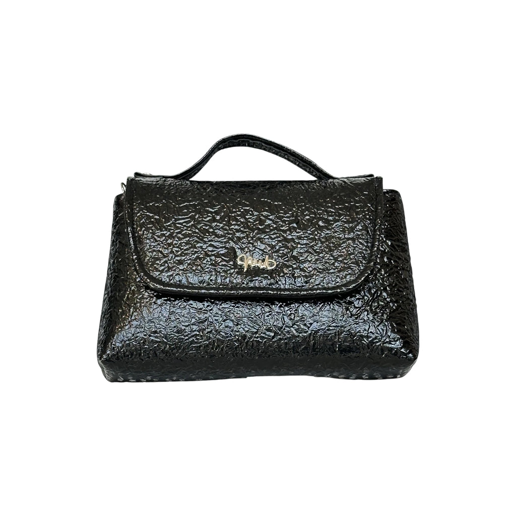 Borsa Artigianale Amada in pelle lucida effetto crackle nero con manico di Nany Magenis