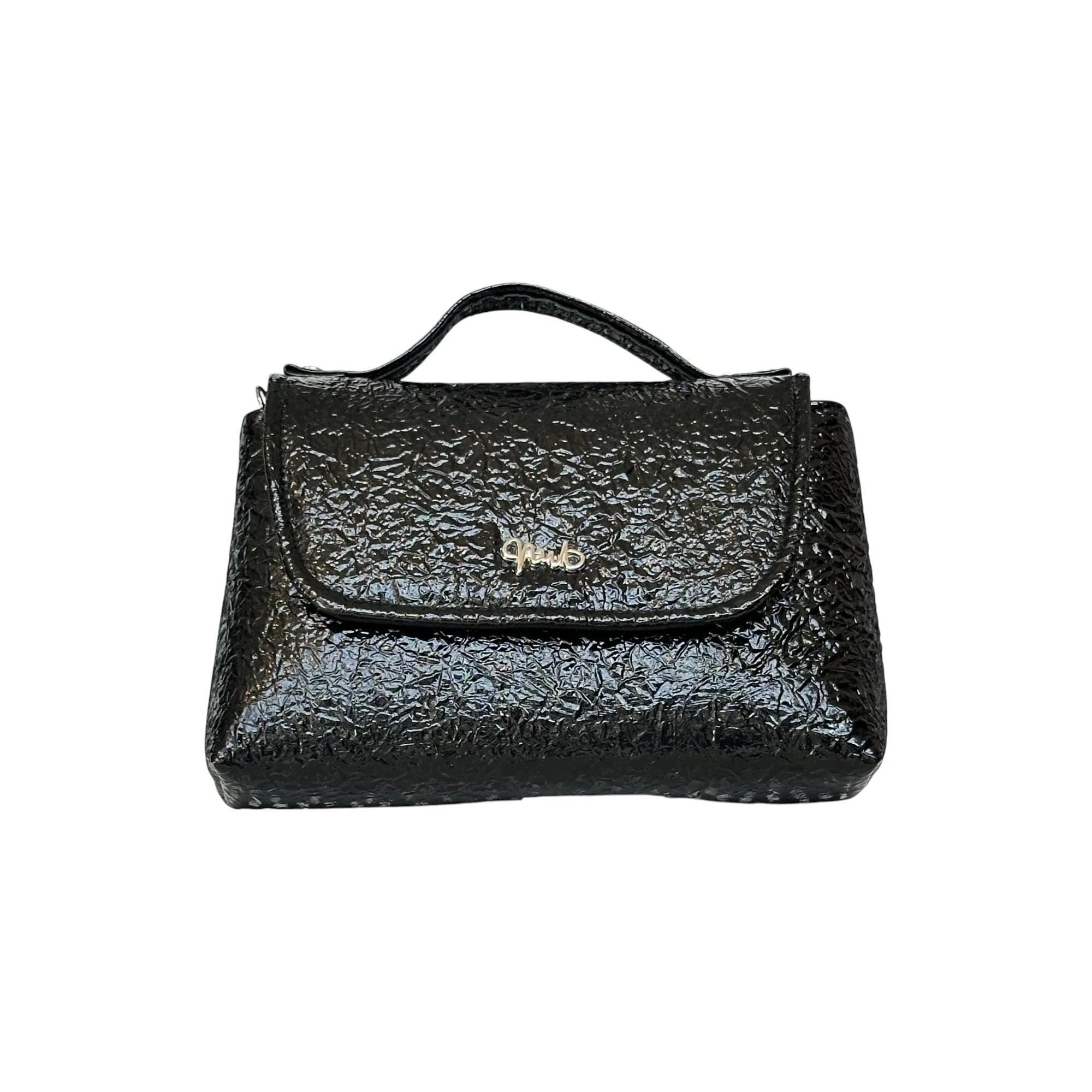 Borsa Artigianale Amada in pelle lucida effetto crackle nero con manico di Nany Magenis