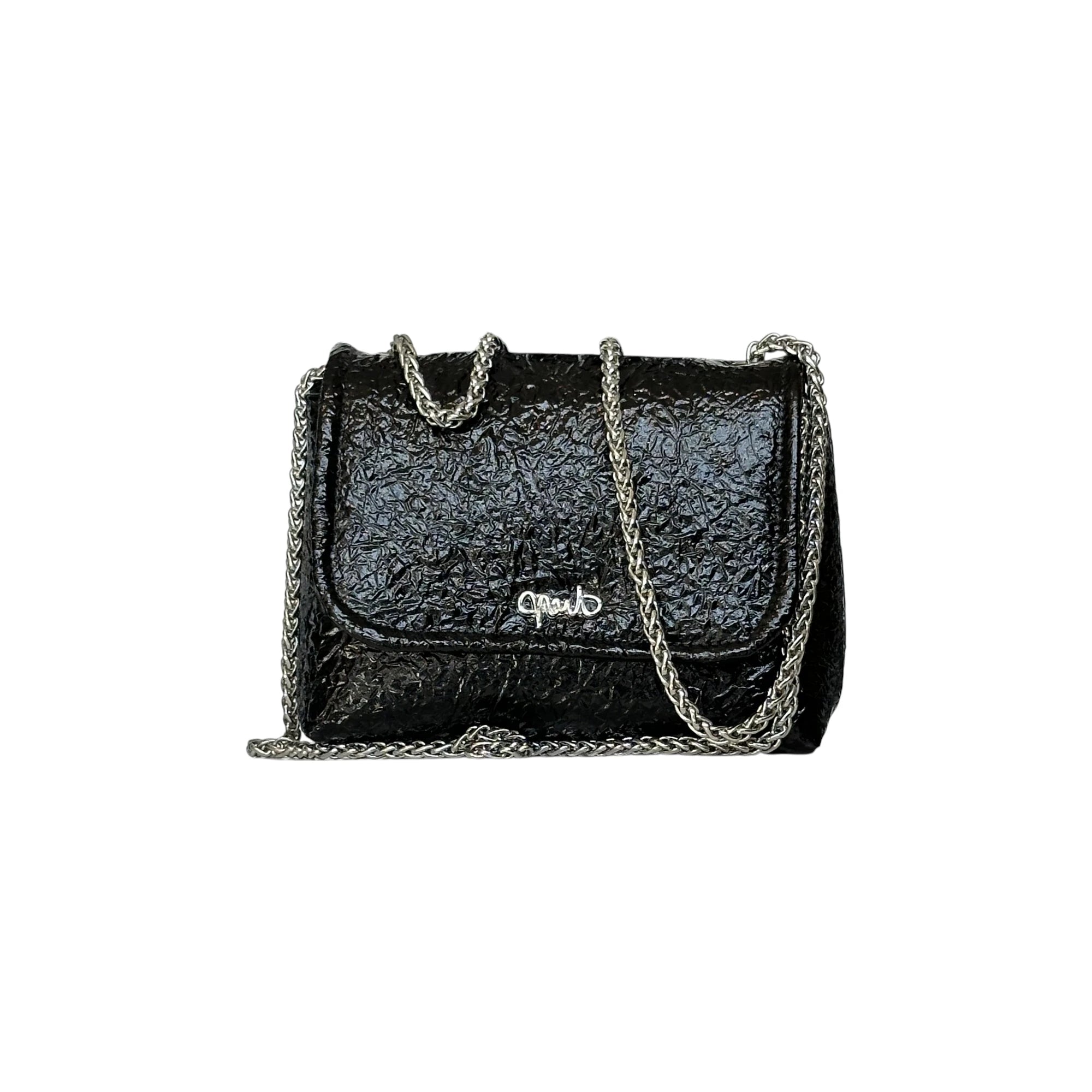 Borsa Artigianale Amada in pelle lucida effetto crackle black a tracolla e a spalla di Nany Magenis