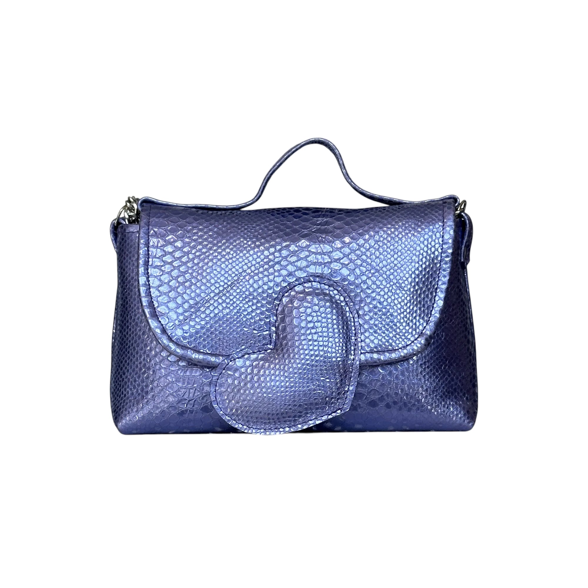 Borsa Artigianale Amada in pelle metallizata con cuore blu di Nany Magenis