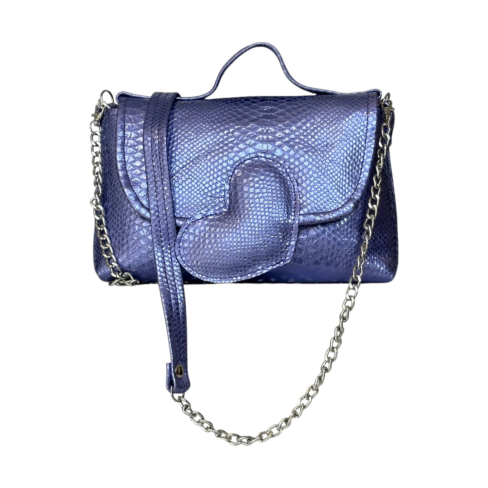 Borsa Artigianale Amada in pelle metallizata con cuore blu a tracolla e spalla di Nany Magenis