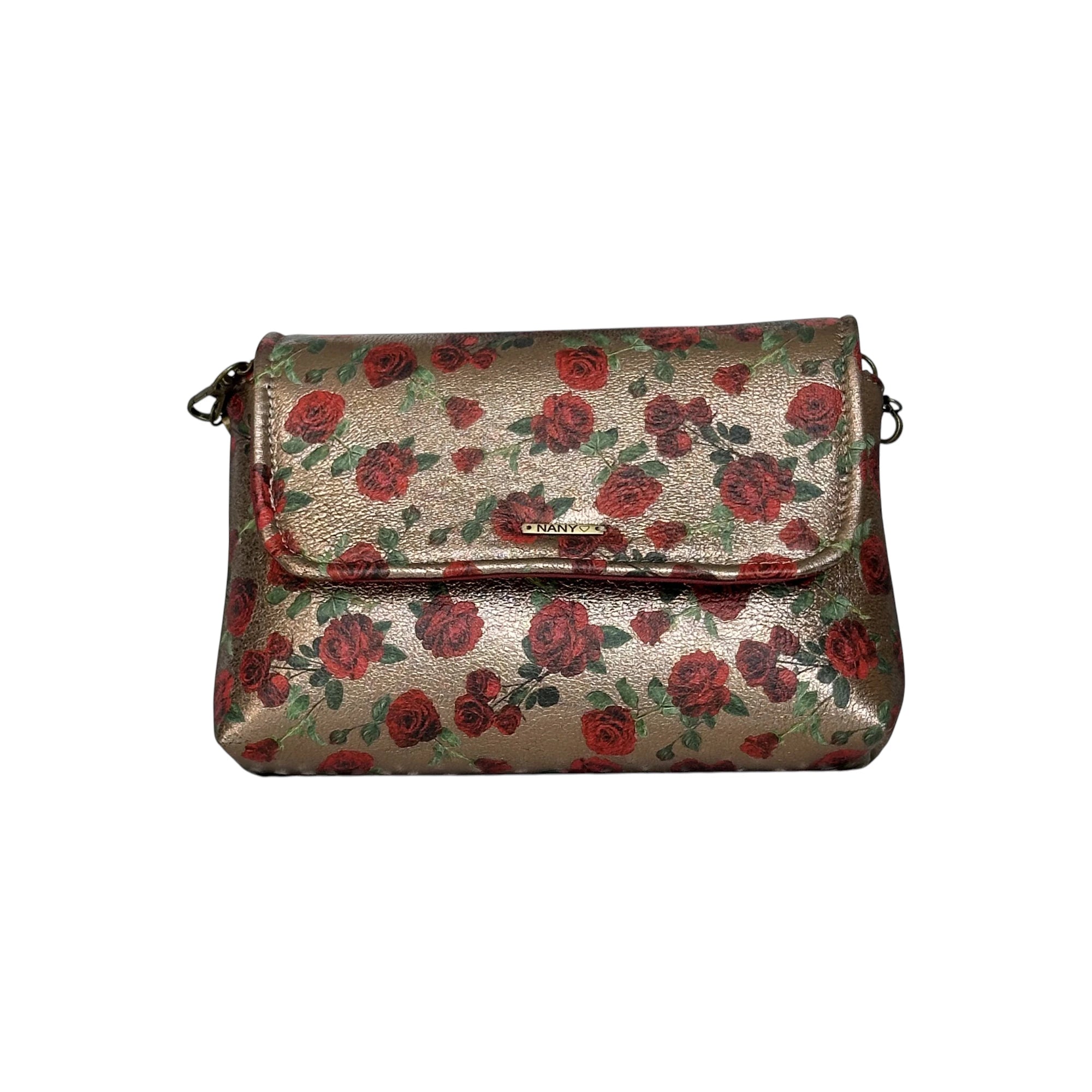 Borsa artigianale a spalla e tracolla in pelle con fantasia a fiori chiara. Modello Amada di Nany Magenis