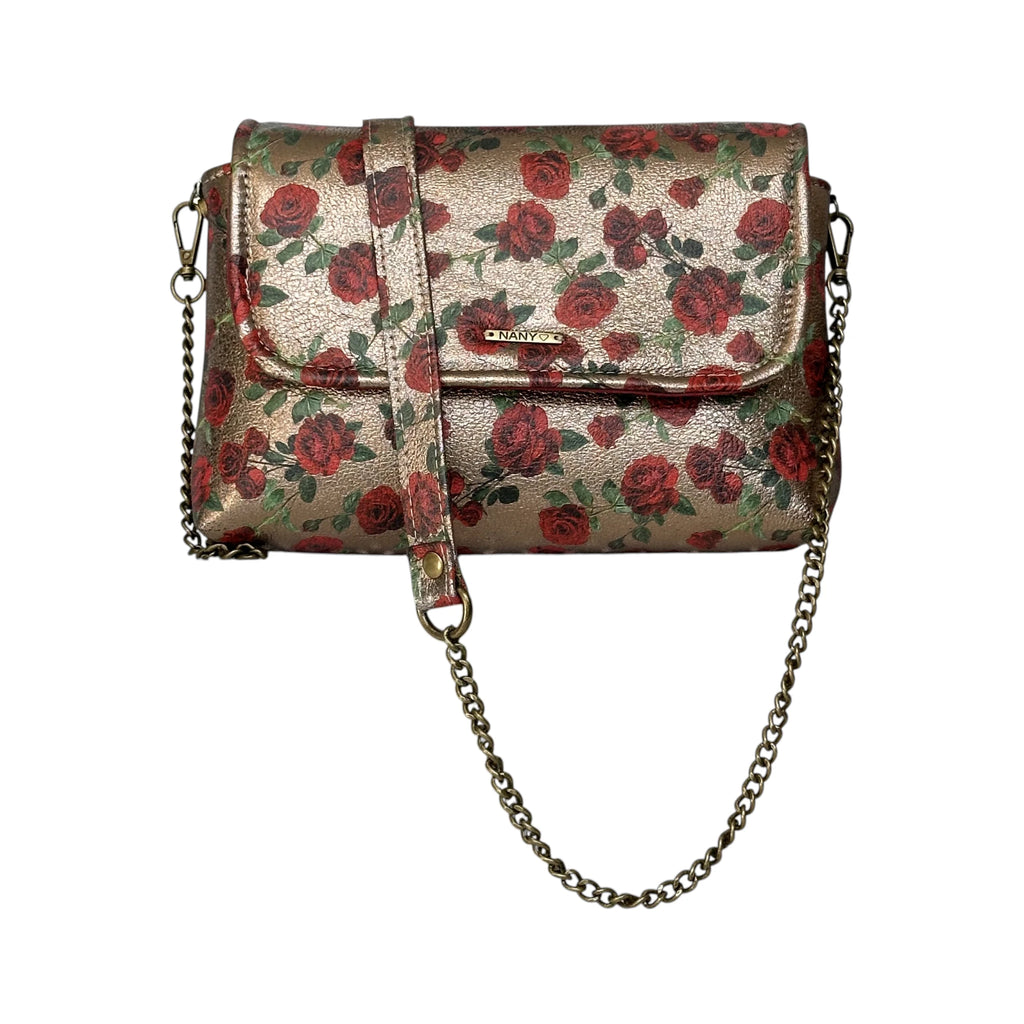Borsa artigianale a spalla e tracolla in pelle con fantasia a fiori chiara e catena regolabile. Modello Amada di Nany Magenis
