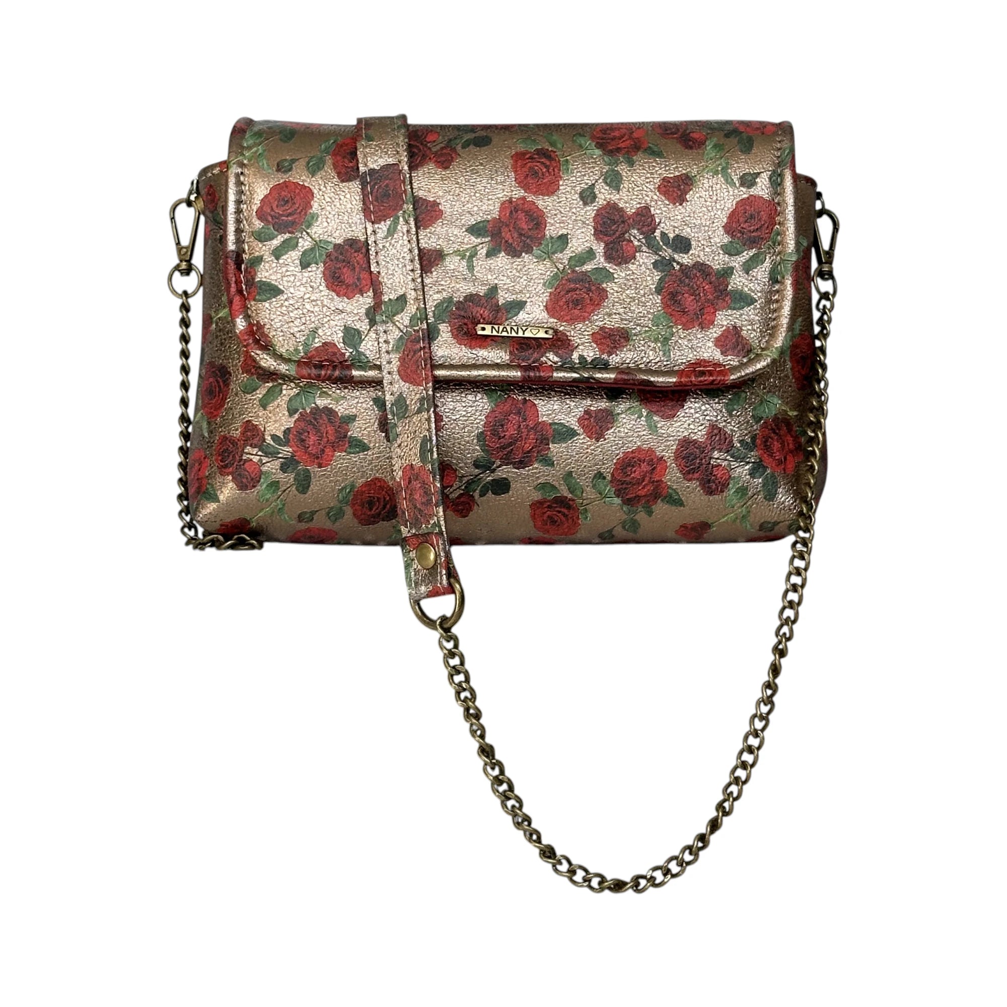 Borsa artigianale a spalla e tracolla in pelle con fantasia a fiori chiara e catena regolabile. Modello Amada di Nany Magenis