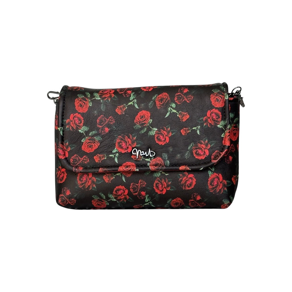 Borsa artigianale a spalla e tracolla in pelle con fantasia a fiori scura. Modello Amada di Nany Magenis