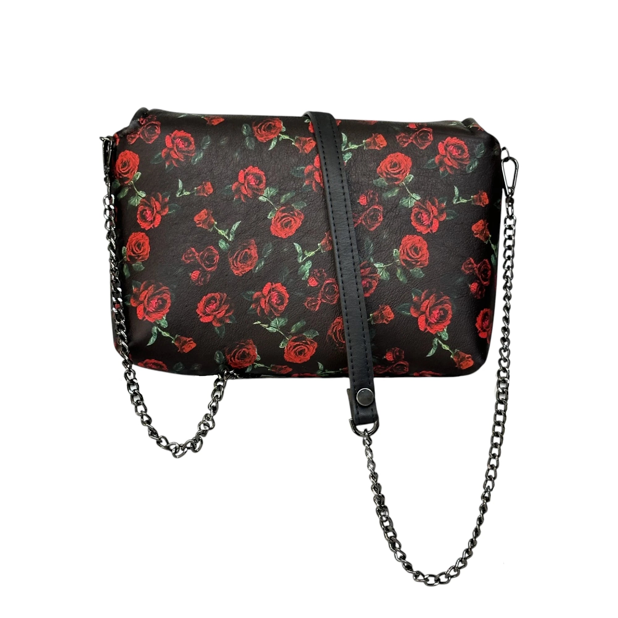 Borsa artigianale a spalla e tracolla in tessuto con fantasia a fiori scura e catena regolabile. Modello Amada di Nany Magenis