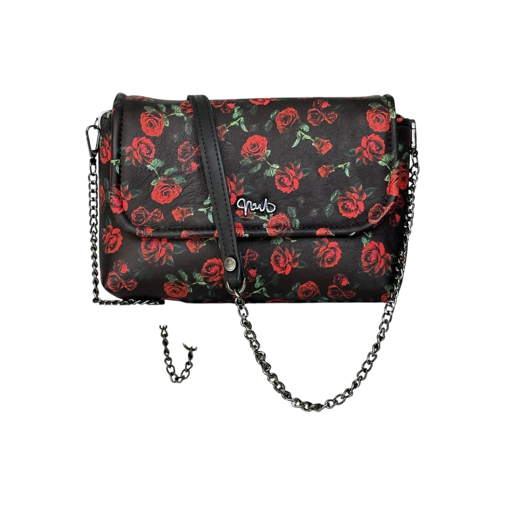 Borsa artigianale a spalla e tracolla in tessuto con fantasia a fiori scura. Modello Amada di Nany Magenis
