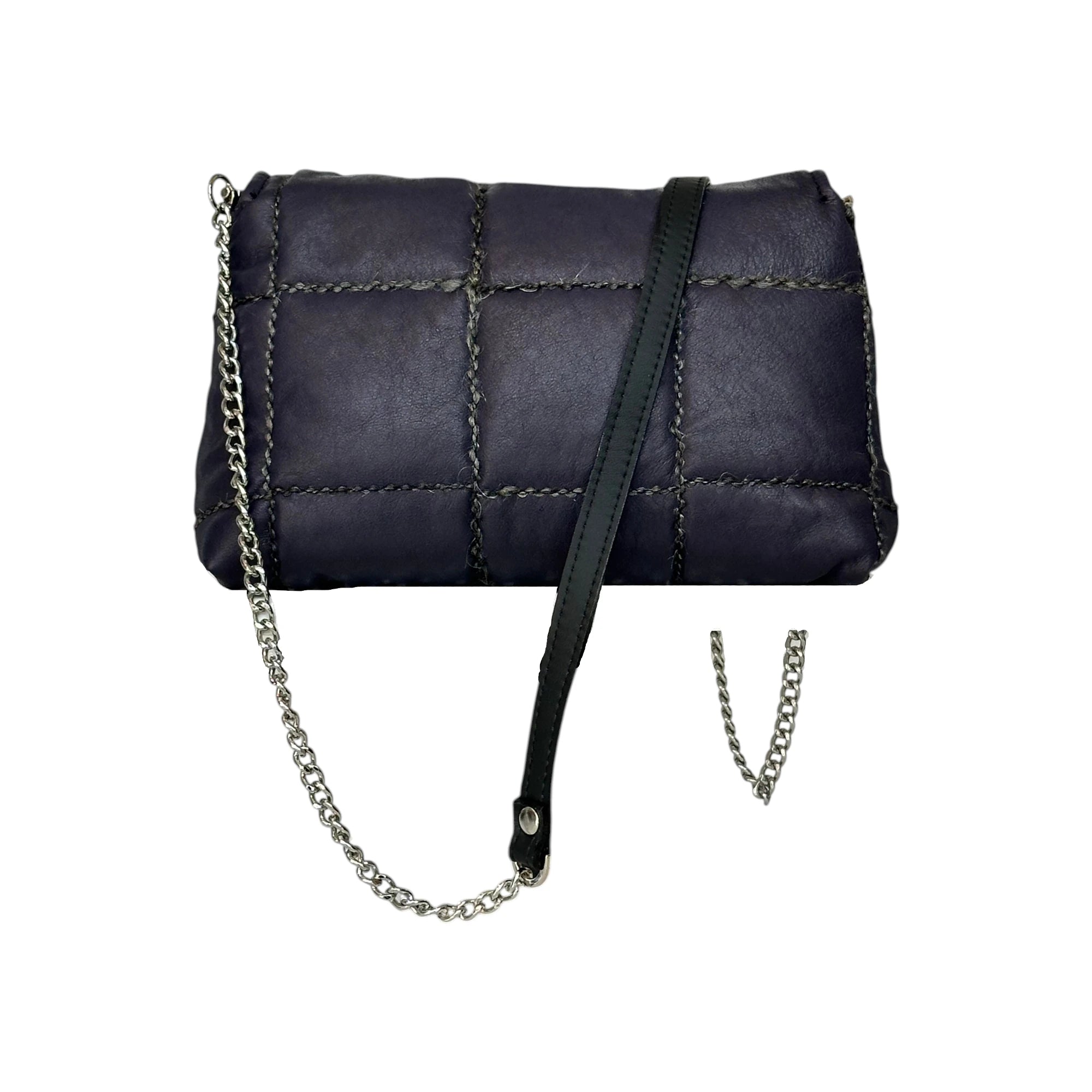 Borsa Artigianale Amada in pelle trapuntata blu scuro con catena regolabile di Nany Magenis
