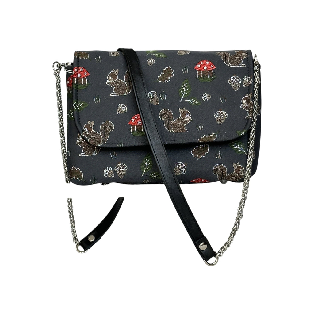 Borsa Artigianale Amada in tessuto con trama scoiattoli e funghi a tracolla e a spalla di Nany Magenis