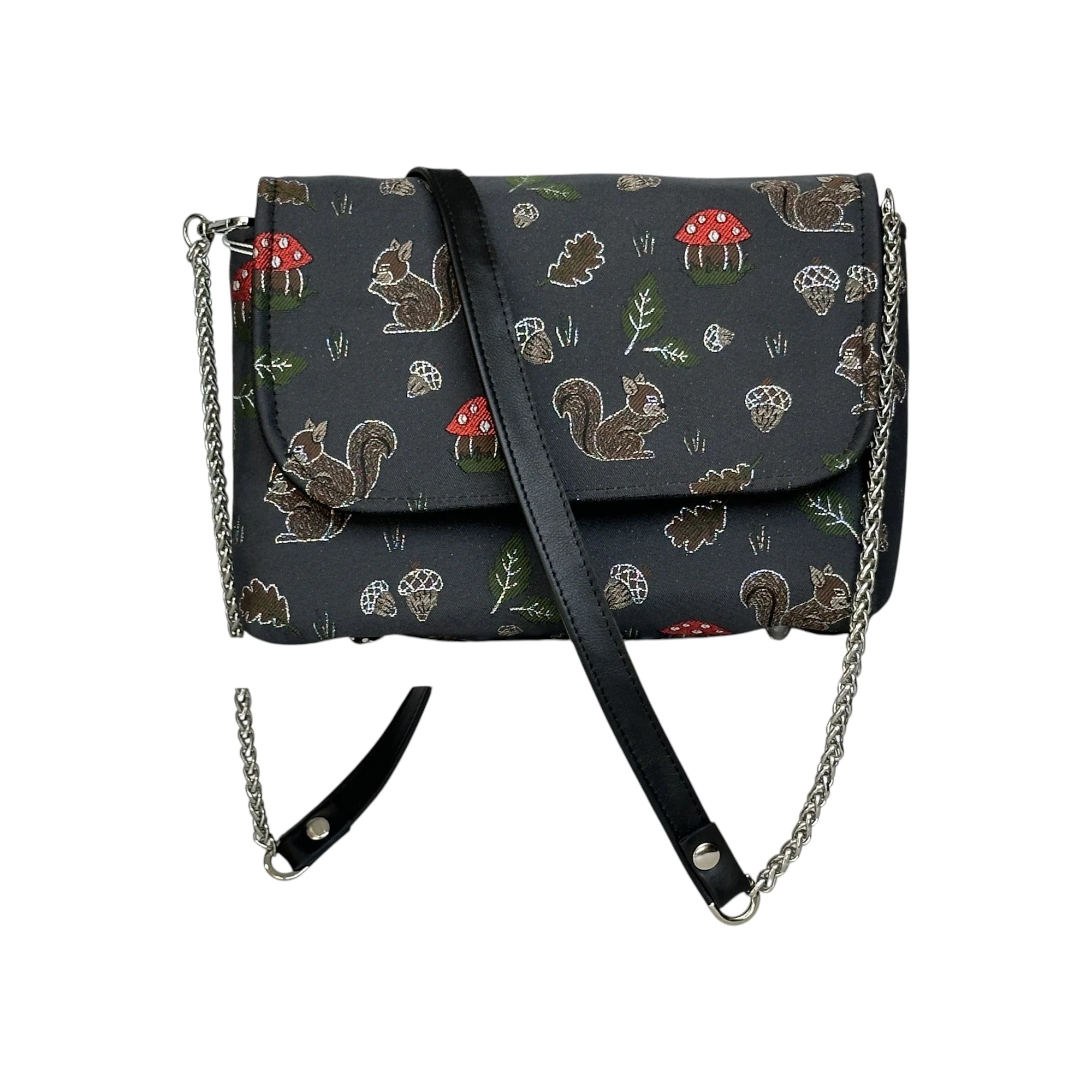 Borsa Artigianale Amada in tessuto con trama scoiattoli e funghi a tracolla e a spalla di Nany Magenis