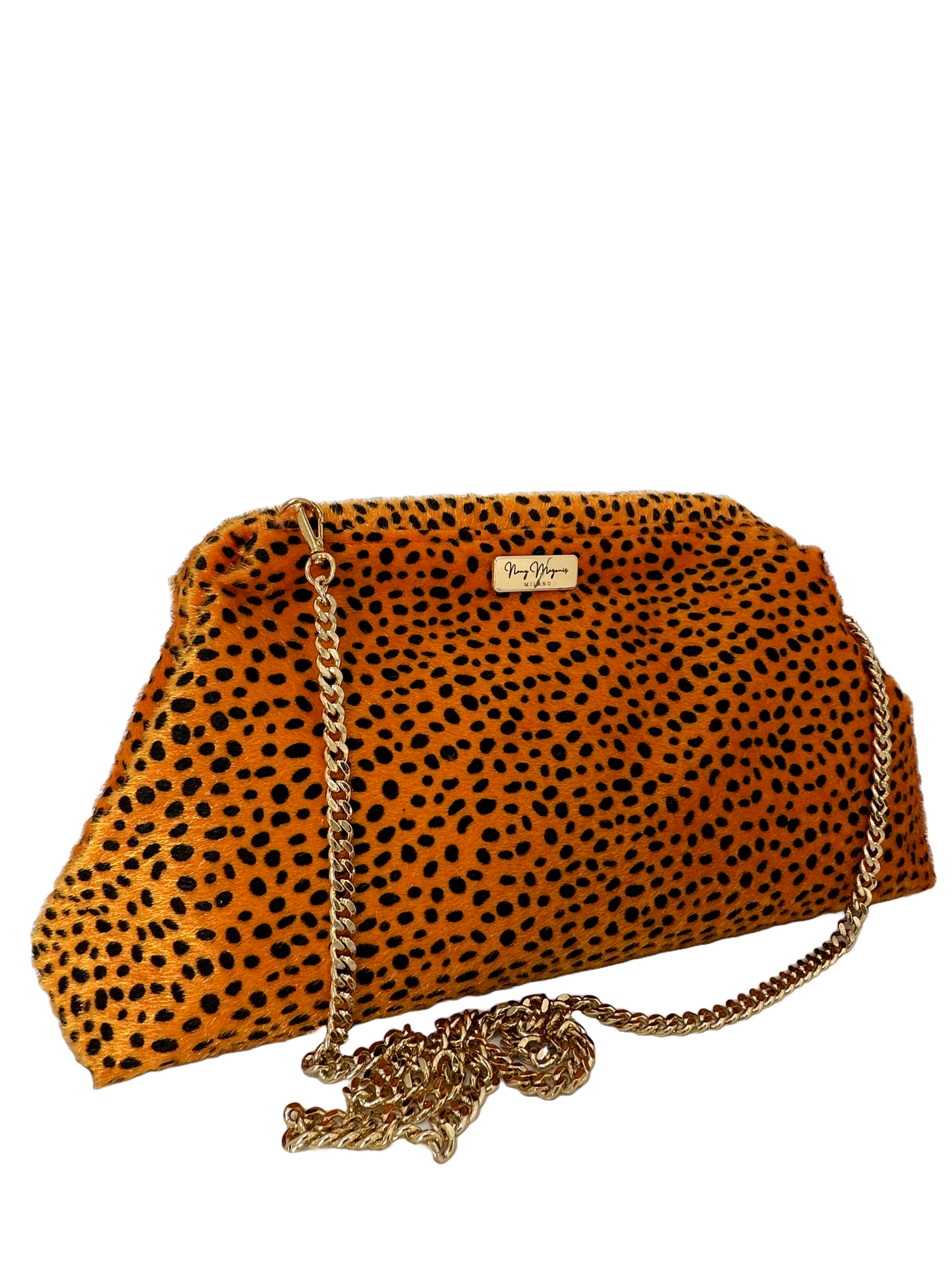Borsa artigianale a spalla e tracolla in tessuto con fantasia animalier e di colore arancione. Modello Bibian di Nany Magenis
