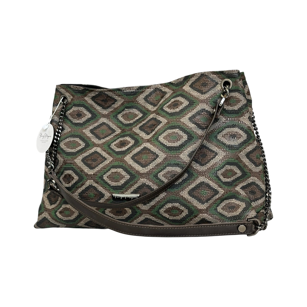 Borsa Artigianale Ismi in tessuto con fantasia rombi vintage con catena e manici in pelle di Nany Magenis