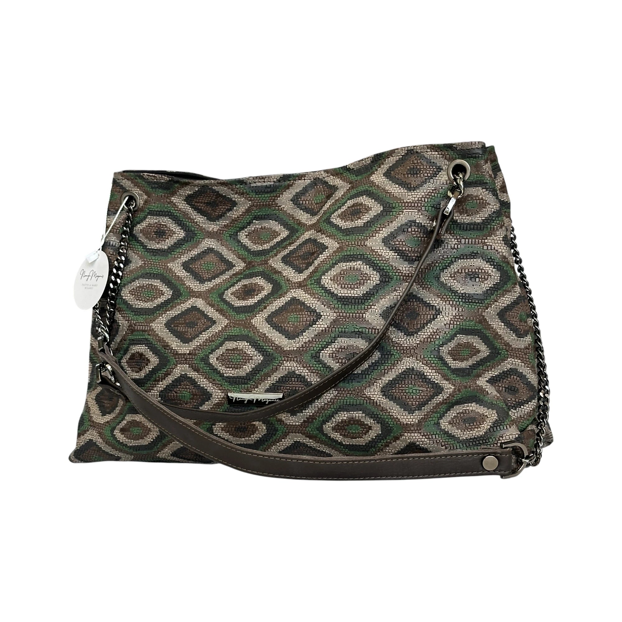 Borsa Artigianale Ismi in tessuto con fantasia rombi vintage con catena e manici in pelle di Nany Magenis