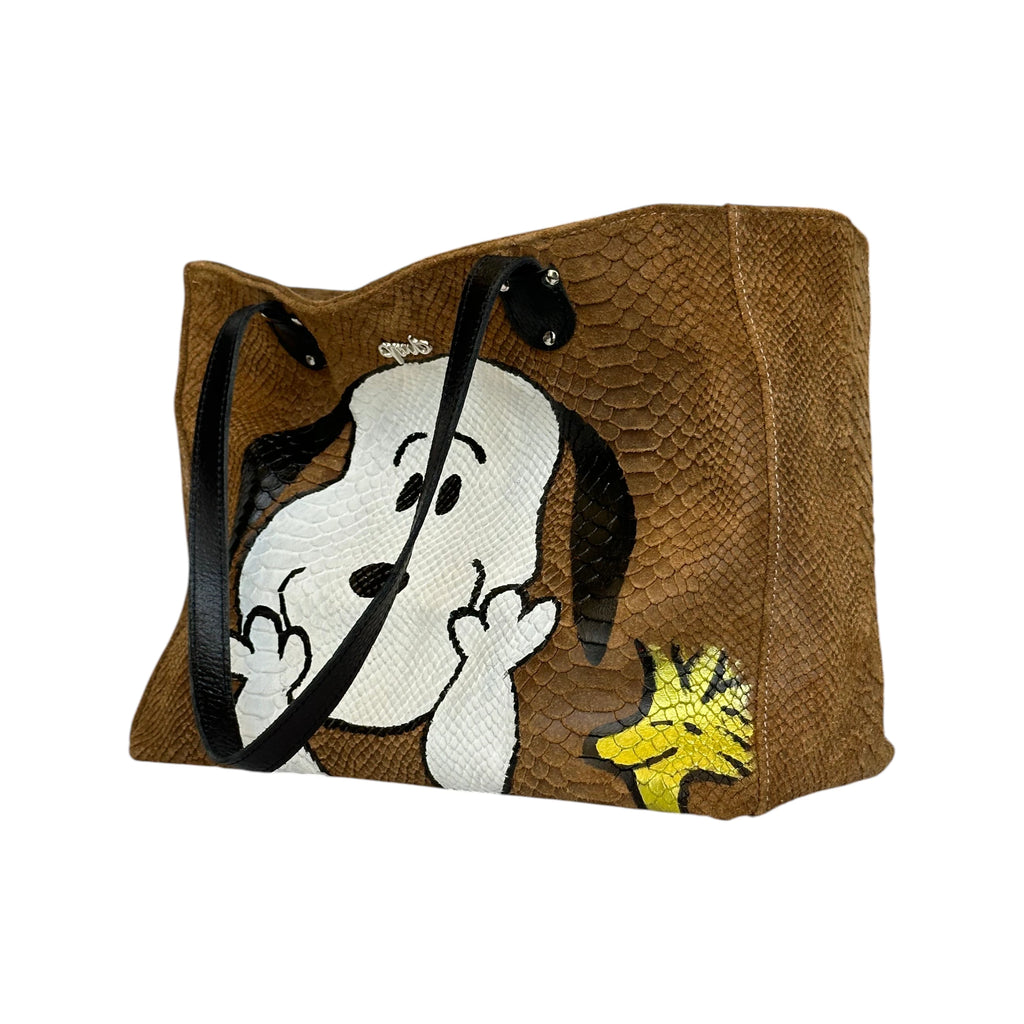 Borsa Artigianale Terry Idol in pelle pitonato disegnato a mano Snoopy e Woodstock con manici made by Nany Magenis