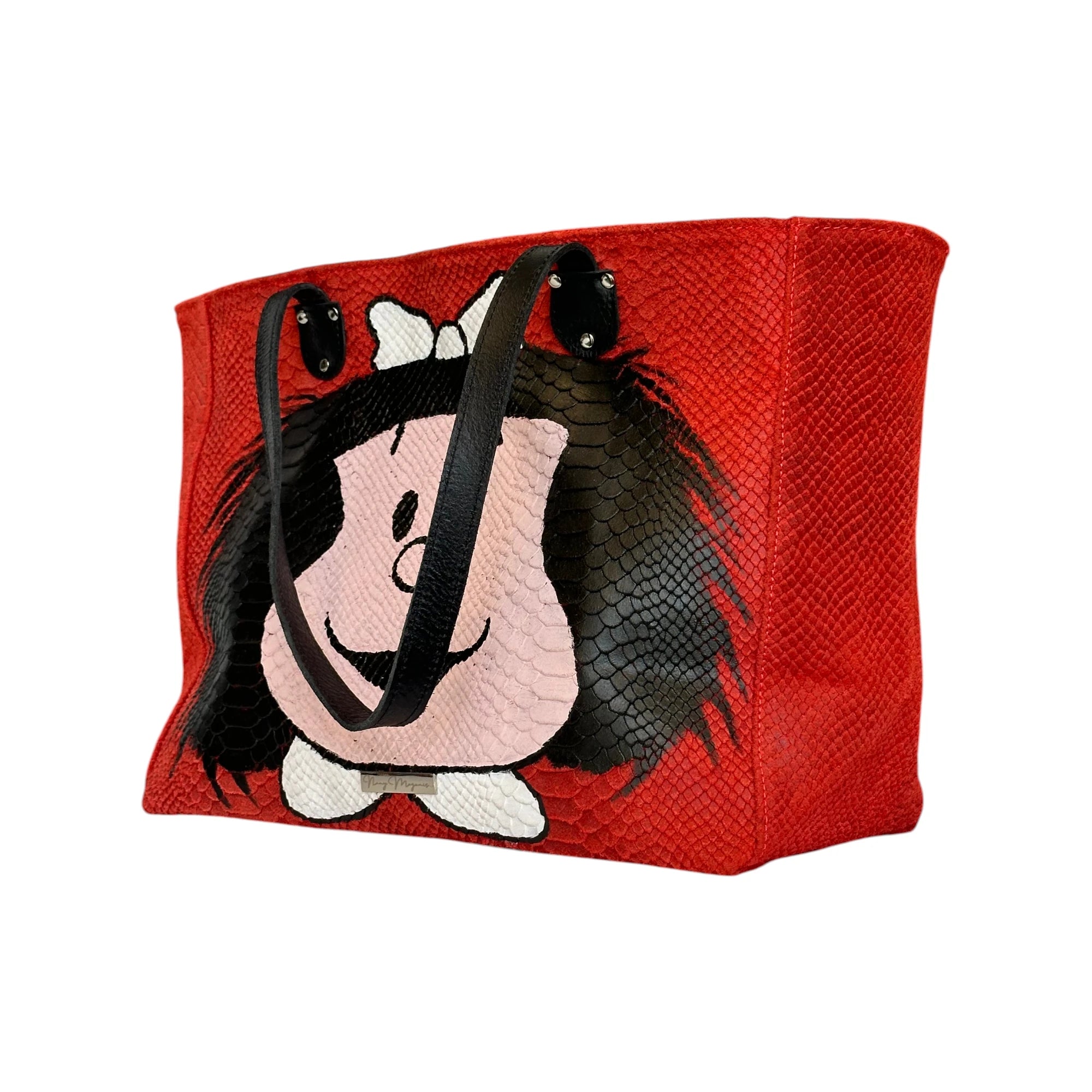 Borsa Artigianale Terry Idol Tote Bag in pelle pitonata rossa con Mafalda disegnata a mano e con manici made by Nany Magenis