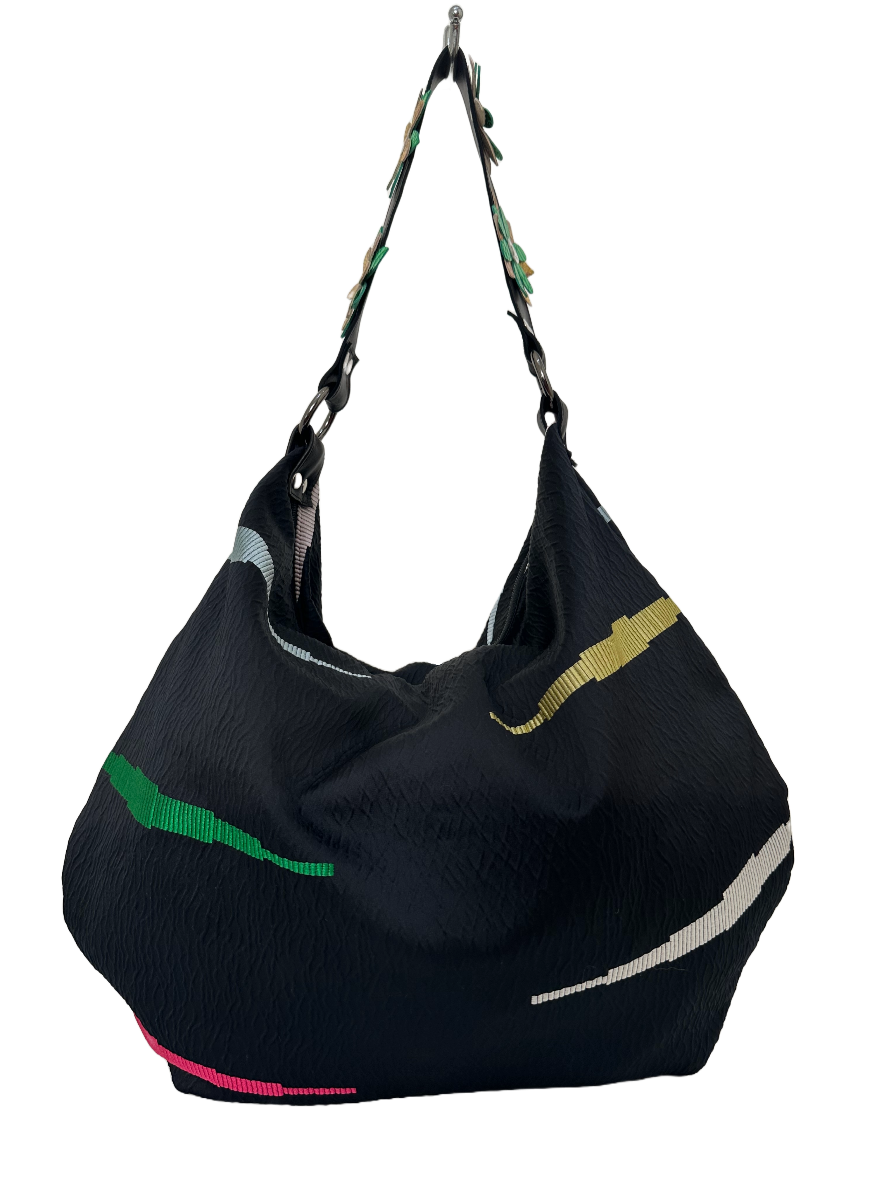 Borsa artigianale a spalla in tessuto con fantasia colorata. Modello Sacca di Nany Magenis