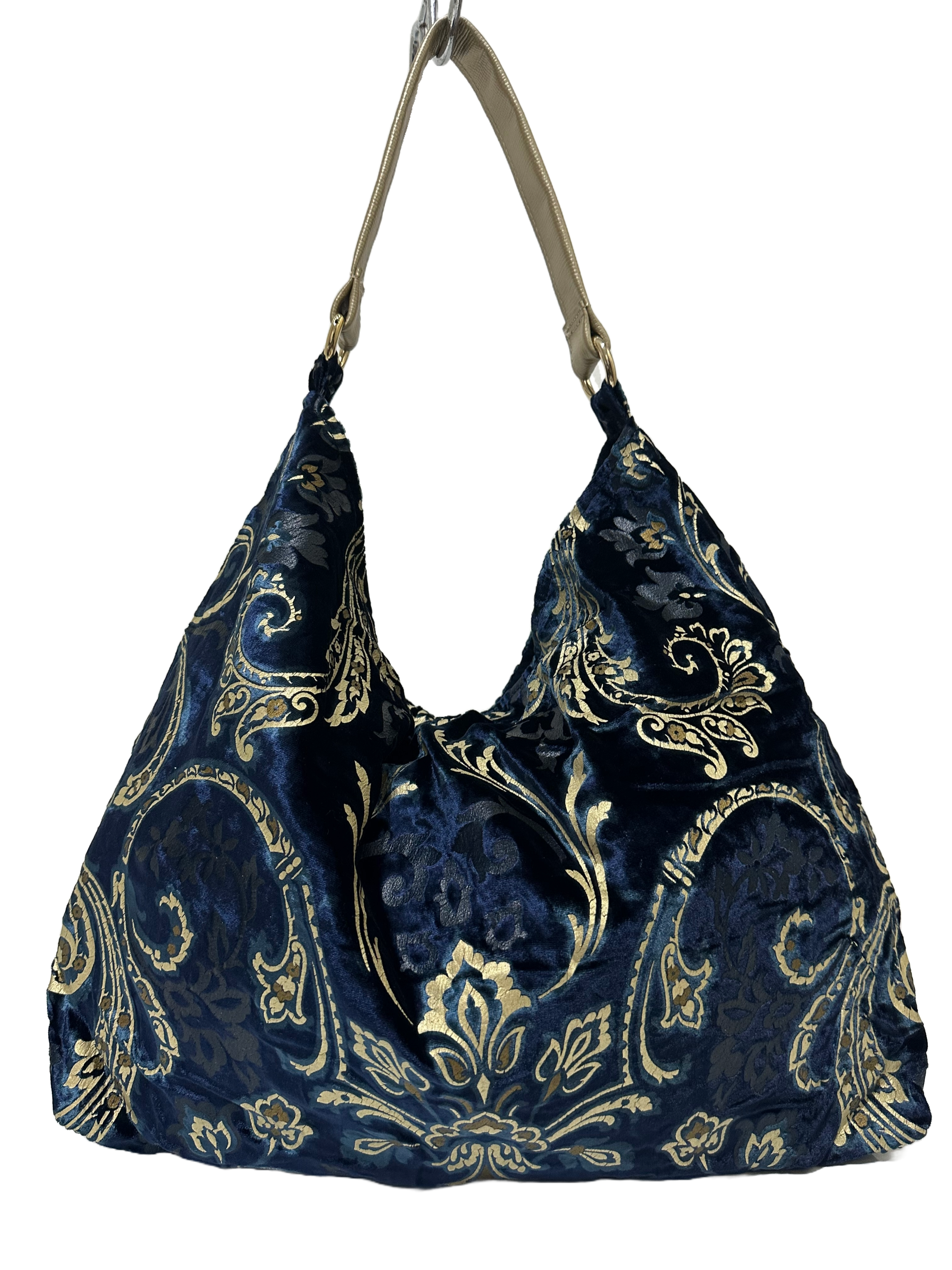 Borsa artigianale a spalla in tessuto con fantasia floreale jeans. Modello Sacca di Nany Magenis